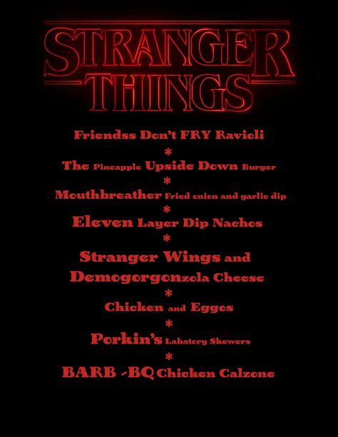 Stranger Things Menu Ideas, Horror Movie Themed Dinner Ideas, Halloween Movie Menu Ideas, Movie Themed Dinner Ideas Adult, Family Movie Themed Dinner Ideas, Movie Night Themed Dinner, Halloween Movie Dinner Ideas, Halloween Movie Dinner Theme Night, Stranger Things Food Ideas