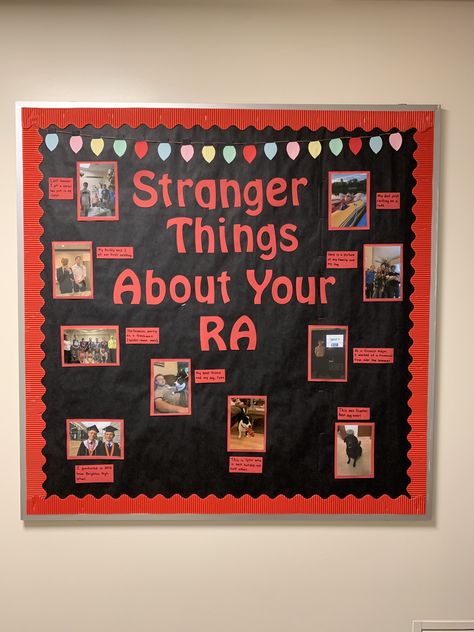 Stranger Things Ra Bulletin Board, Stranger Things Bulletin Board, Floor Themes Residence Hall, Netflix Theme, Ra Training, Res Life Door Decs, Ra Decorations, Ra Inspiration, Dorm Themes