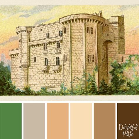 Old Castle in the Sunset - vintage inspired color palette Castle Color Pallete, Colour Catalogue, Colour Pallettes, Beautiful Color Palettes, Castle Illustration, Christian Journal, Vintage Colour Palette, Old Castle, Color Catalog