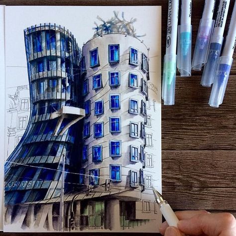 Dancing House Drawing, Dancing House Sketch, Frank Gehry Sketch, Architectural Watercolor, Fruit Art Drawings, Dancing House, Building Sketch, Building Drawing, Art Foundation