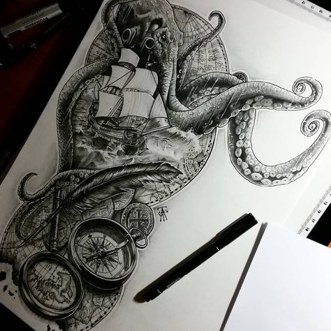 COMPLETE! KRAKEN. So yes.. fun to have finished a more detailed piece :) #tattoo #tattoos #flash #design #london #ink... Ship Tattoo Sleeves, Nautical Tattoo Sleeve, Octopus Tattoo Sleeve, Kraken Tattoo, Tattoo Ideas Males, Nature Tattoo Sleeve, Lion Tattoo Sleeves, Octopus Tattoo Design, Pirate Tattoo