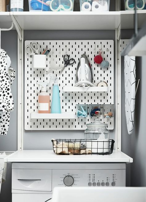 Keep all those small, annoying, but essential, bits organised and keep the space neat using these handy peg boards #storage #hacks #ikeahacks #realhomes Ikea Pegboard Bathroom, Ikea Laundry, Ikea Laundry Room, Kitchen Wall Storage, Room Storage Diy, Laundry Ideas, Bad Inspiration, Mud Kitchen, Hallway Storage