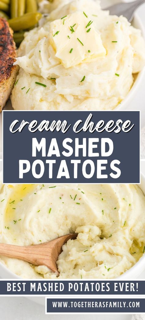 Two photos on a pin of mashed potatoes with a text box in the center with the name of the recipe on it and two text boxes at the bottom with recipe information on them. Cream Cheese Mashed Potatoes, Cheese Mashed Potatoes, Homemade Mashed Potatoes, Best Mashed Potatoes, Mashed Potatoes Recipe, Best Thanksgiving Recipes, Diy Easy Recipes, Homemade Dinner Rolls, Mashed Potato Recipes