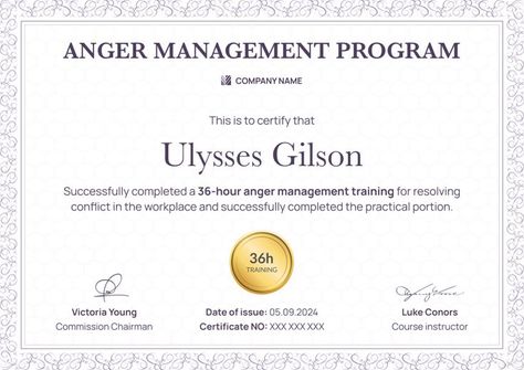 Celebrate every breakthrough with our anger management certificate! It's fully customizable to match every achievement. Play with colors, switch up the fonts, or tweak the text to perfection. Available in Figma, Word, and Certifier formats, making it super easy to personalize. Check out Certifier, the ultimate certificate maker that turns your vision into reality. Plus, going digital means you're keeping it green. Get started for free and make each recognition memorable! Certificate Of Recognition Template, Certificate Of Participation Template, Certificate Maker, Workplace Training, Train Template, Essay Competition, Resolving Conflict, Pricing Templates, Beauty Courses