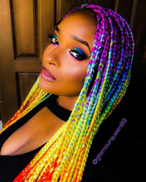 Rainbow Box Braids, Colored Extensions, Color Braids, Braids Color, Trendy We Fryzurach, Colored Box Braids, Rainbow Braids, Ombre Braid, Beads Hair