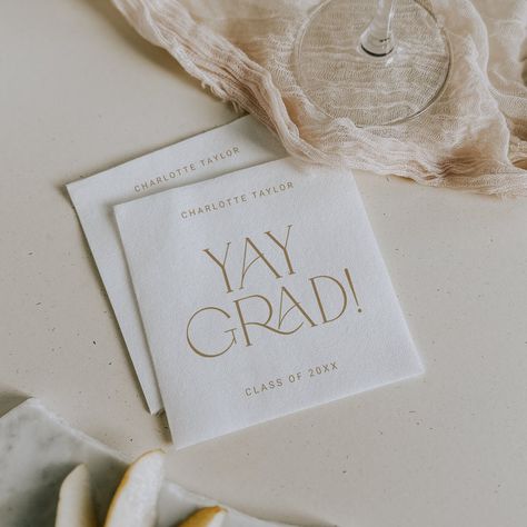 These modern fete gold yay grad graduation napkins are perfect for a simple graduation party. The design features elegant boho typography with a touch of sophisticated style in minimalist gold and white.

Personalize your graduation napkins with the name of the graduate, and the year. Beige Graduation Party, White And Gold Grad Party, Neutral Grad Party, Pastel Grad Party, Neutral Graduation Party, Elegant Graduation Party Decorations, Classy Graduation Party, Simple Graduation Party, Graduation Party College