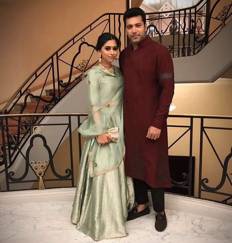 Image may contain: 2 people South Couple, Black Saree Designs, Jayam Ravi, Kalamkari Dresses, Florida Fashion, Classy Suits, Couple Goal, Black Saree, Designer Lehenga