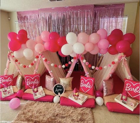 Barbie Party Sleepover, Barbie Teepee Sleepover, Barbie Tent Party, Sleep Over Tent Ideas Sleepover Party, Barbie Sleepover Party Ideas, First Sleepover Ideas Girls Kids, Kids Tent Decoration Ideas, Barbie Slumber Party Ideas, Sleepover Tents Diy Slumber Parties