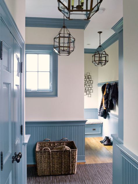 Fabulous hallway with blue closet doors and blue beadboard clad half wall below pale greige upper walls with window and crown molding also painted blue. Blue Closet Doors, Benjamin Moore Historical Colors, Blue Beadboard, Blue Closet, Half Painted Walls, Painted Trim, Bedroom Addition, Estate Interior, Mudroom Ideas