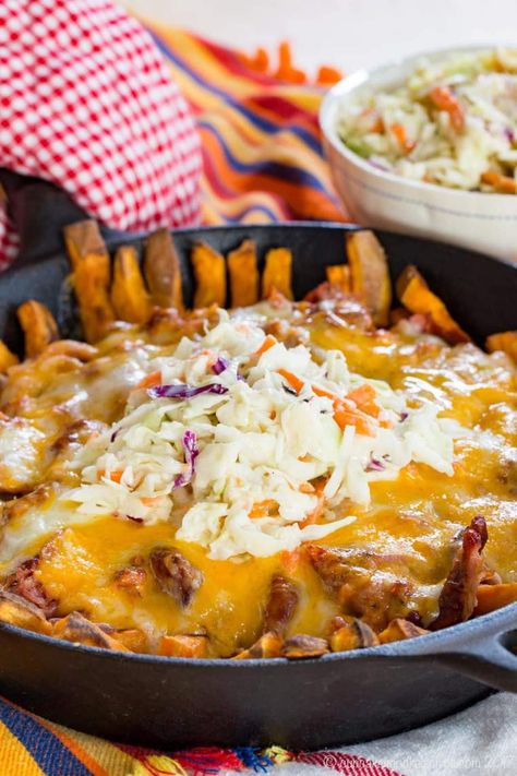 BBQ Pulled Pork Loaded Sweet Potato Fries - one of the best tailgating recipes #cupcakesandkalechips #tailgate #tailgating #tailgatefood #tailgatingrecipes #tailgaterecipes #football #gameday #gamedayfood #diprecipes #nachos #wings Cheese Sauce Recipe For Fries, Tailgate Snack, Loaded Sweet Potato Fries, Loaded Fries Recipe, Meat Barbecue, Party Meals, Chips Recipes, Pork Barbecue, Delicious Family Dinners