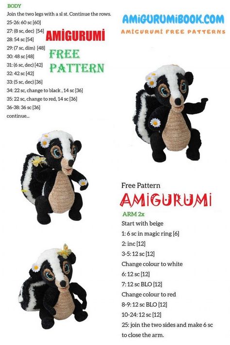 Cute Skunky Amigurumi Free Crochet Pattern – Amigurumibook.com Skunk Crochet, Crocheting Animals, Crochet Cartoon, Pocket Pals, Crochet Cats, Disney Crochet Patterns, Disney Crochet, Crochet 101, Free Amigurumi Crochet Patterns