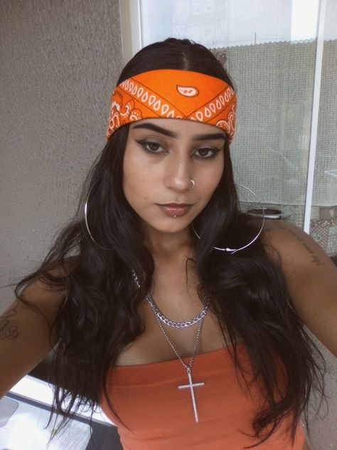 Yellow Bandana Hairstyles, Orange Bandana Hairstyles, Red Bandanna Outfit, Red Summer Festival Bandana, Summer Bandana Print One-size Headscarf, Bandana Outfit, Orange Outfit, Bandana Print, Cross Necklace