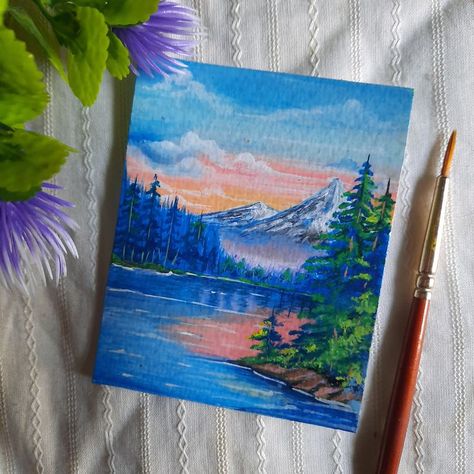 Mini acrylic painting of a Beautiful scenery Mini Rectangle Canvas Paintings, Rectangle Canvas Painting Ideas, Scenery Painting, Scenery Paintings, Mini Canvas, Beautiful Scenery, Painting Ideas, Starry Night, Acrylic Painting