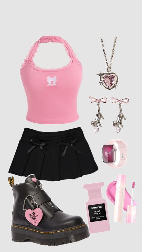 #fashion #fashioninspo #outfit #ootd #pink #party Pink Fitted Mini Skirt Y2k Style, Y2k Fashion Black, Pink Y2k Mini Skirt For Party, Pink Y2k Party Skirt, Y2k Style Pink Party Mini Skirt, Harajuku Style Pink Mini Skirt, Black Summer Outfits, Pink Grunge, Character Board