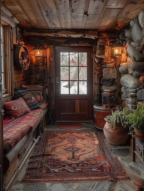 Cosy Log Cabin Interiors, Log Cabin Entryway, Cozy Entryway Ideas, Medieval Cabin Interior, Small Log Cabin Homes Interior, Creepy Cabin Interior, Creepy Cabin Aesthetic, Old Cabin Interior, Cabin Entrance