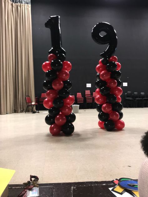 Red & Black balloon columns #classof2019 Black And Red Birthday Theme Decoration, Red And Black Party Ideas For Men, Red Black And Gold Balloon Garland, Black Balloon Columns, Red And Black Balloon Arch, Red And Black Theme Party, Red And Black Party Ideas, Red Black And Gold Birthday Party Decor, Red Black Gold Party Decoration