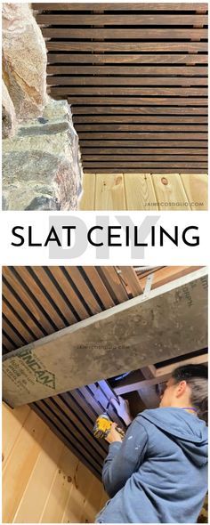 A DIY tutorial to install a slat ceiling. Finish that basement with a wood slat ceiling that's easy to install. Ranch Barndominium, Basement Bathroom Ceiling Ideas, Easy Basement Ceiling, Slat Ceiling, Unfinished Basement Ceiling, Basement Ceilings, Basement Diy, Wood Slat Ceiling, Beer Display