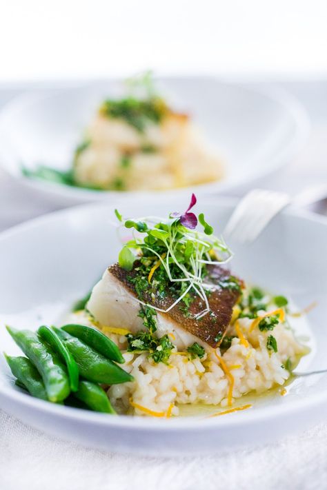 A simple delicious recipe for Seared Black Cod (or halibut, sea bass or scallops) with a lightened up Meyer Lemon Risotto and Gremolata- a flavorful green herb sauce. | ww.feastingathome.com Lemon Risotto, Feasting At Home, Best Fish Recipes, Black Cod, Herb Sauce, Cod Recipes, Fish Recipes Healthy, Healthy Fish, Risotto Recipes