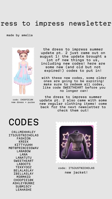 dress to impress news! #dresstoimpress #dti #summer update #newsletter #dresstoimpressnewsletter #dtinewsletter #newcodes #codes #dresstoimpresscodes #dticodes #dresstoimpressnewcodes #dtinewcodes Dress Purse, All Codes, Old Ones, Dress Codes, Coming Out, Clothing Items, Dress To Impress, New Dress, Coding