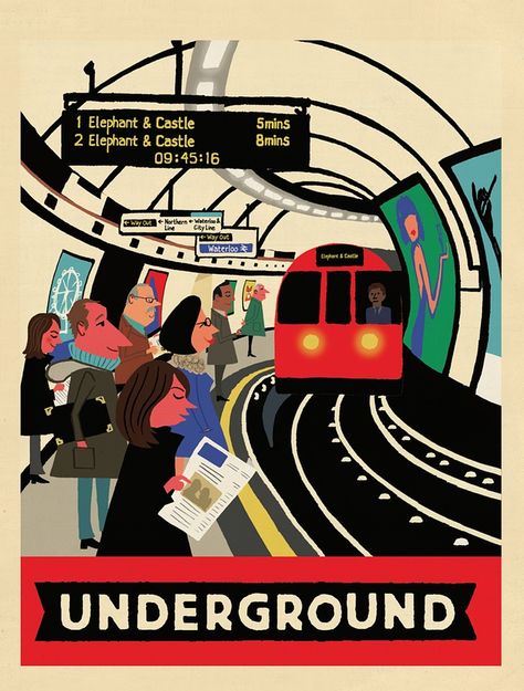 THE UNDERGROUND is the oldest underground railway in the world. It is known as ‘the Tube’ due to the shape of its tunnels. Underground Illustration, Train Illustration, London Illustration, Elephant And Castle, Train Posters, London Tube, Transportation Poster, Underground Art, London Poster