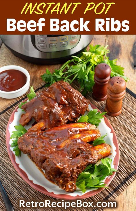 Instant Pot Beef Back Ribs are tender & delicious, with a yummy ribs spice rub & bbq sauce. Instant Pot Beef Ribs recipe, Instapot beef ribs, How to make Instant Pot Ribs, easy Instant Pot recipes by retrorecipebox.com Instapot Beef Ribs, Instant Pot Beef Ribs, Pressure Cooker Beef Ribs, Pressure Cooker Ribs, Bbq Beef Short Ribs, Ribs Easy, Instant Pot Ribs, Beef Back Ribs, Beef Ribs Recipe