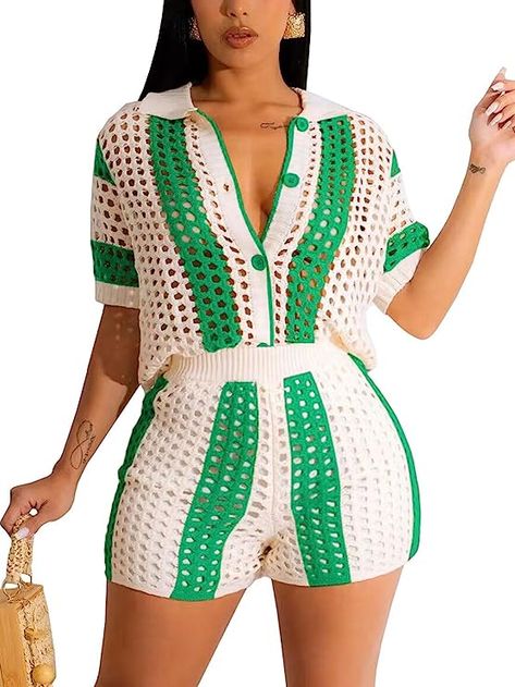 KANSOON Short Sets Women 2 Piece Outfits Knit Color Block Short Sleeve Button Down Shirt and Shorts Set Style Vert, Ribbed Crochet, Red Two Piece, Two Piece Short Set, Casual Chique, Top Moda, Crochet Woman, Casual Stripes, Turndown Collar