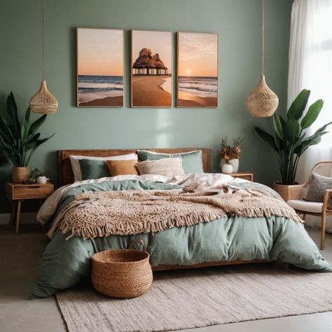 Teal Guest Room, Teal And Beige Bedroom, Blue Accent Wall Bedroom, Blue Bedroom Design, Brown Rooms, Sage Green Bedroom, Mediterranean Style Home, Bedroom Orange, Green Walls