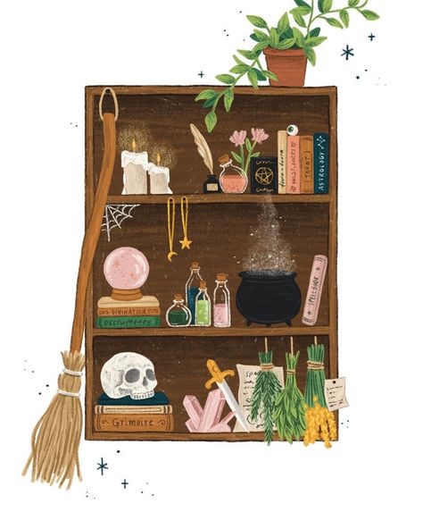 Witch Shelf, Drawing Decor, Painted Bookshelves, Witch Room, Witchy Halloween, Print Illustration, Witch Art, Halloween Spooky, Kitchen Home