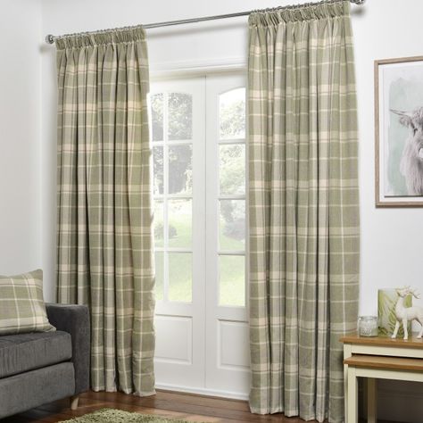 Country House Curtains, Sage Curtains, Realistic House, Curtains Uk, Check Curtains, Plaid Curtains, Wooden Dining Chairs, Pleated Curtains, Pencil Pleat