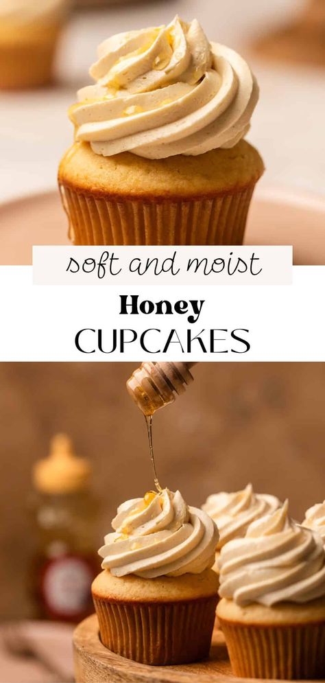 These soft and fluffy honey cupcakes have a floral, subtle honey flavor with salted honey buttercream frosting swirled on top. Honey is in the cake, in the frosting, and drizzled on top, making it the star ingredient of these delicious cupcakes! Icing Recipe Flavored, Honey Cake Cupcakes, Sweets Made With Honey, Honey Flavored Cake, Honey Inspired Food, Honey Bun Cupcakes, Honey Bee Cupcakes Ideas, Honey Cupcake Recipe, Recipes For Honey