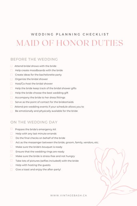 27 Important Maid Of Honour Duties • VintageBash Maid Of Honor Suit Ideas, Maid Of Honor Bachelorette Party Duties, Maid Of Honor Duties Checklist Printable, Jobs For Bridesmaids Day Of, Maid Of Honor Duties Timeline, Maid Of Honour Duties, Checklist For Maid Of Honor, Maid Of Honor Checklist, Bridesmaids Duties