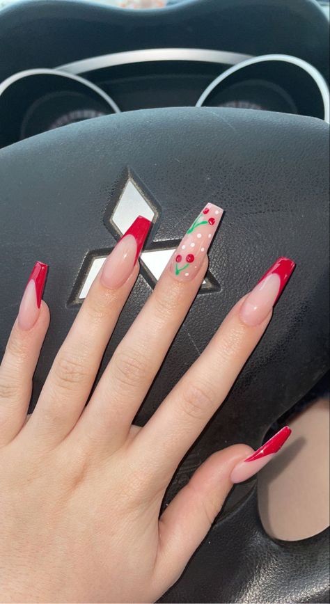 Cherry Nails Acrylic, Cherry Nail Art, Star Nail Designs, Acrylic Nail Designs Coffin, Red Nails Glitter, Gel Acrylic Nails, Red Acrylic Nails, Cherry Nails, Nail Art Designs Diy