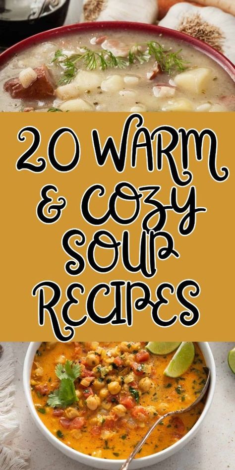 The best soup recipes to warm you up this fall and winter. Chickpea Curry Soup, Beef Barley Soup, Acorn Squash Soup, Potato Soup, Vegetable Soup, Roasted Butternut Squash and Carrot Soup, Chicken Pastina Soup, Grandma’s Chicken Noodle Soup. Fall Soups And Stews Crock Pot, Chicken Pastina Soup, Chicken Pastina, Butternut Squash And Carrot Soup, Squash And Carrot Soup, Cozy Soup Recipes, Beef And Barley Soup, Soup Potato, Pastina Soup