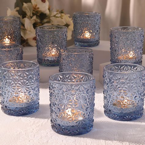 PRICES MAY VARY. ❤️Elegant and Unique Wedding Decoration: Our blue glass votive candle holders are made of high quality material and unique color design, perfect for weddings, especially in summer. When lit, it will emit a warm light like the sun, and the blue color will make you feel like you are at the seaside, leaving you with unforgettable memories. ❤️Blue Candle Holder Engraved Design: Votive candle holder with romantic floral pattern. When lit, it emits a charming and romantic light, illum Table Centerpieces Birthday, Blue Bridal Shower Decorations, Blue Votive Candle Holders, Blue Bridal Shower Themes, Centerpieces Birthday, Navy Blue Wedding Theme, Wedding Reception Tables Centerpieces, Blue Purple Wedding, Blue Table Settings