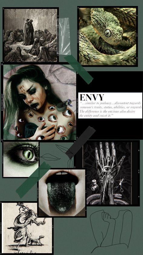 Seven Deadly Sins Bible Art, Envy 7 Deadly Sins Art, Seven Deadly Sins Theme Party, Seven Deadly Sins Envy Aesthetic, Greed Sin Aesthetic, Sin Of Lust Aesthetic, Envy Moodboard, Envy Artwork, Envy Aesthetic Sin