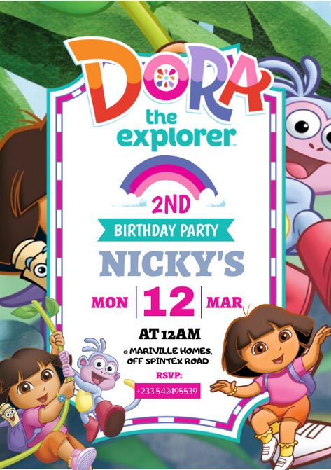 Birthday Posters, Kids Birthday Invitation, Birthday Invites, Dora The Explorer, Birthday Poster, Birthday Invitations Kids, 2nd Birthday Parties, 2nd Birthday, Flyer Template