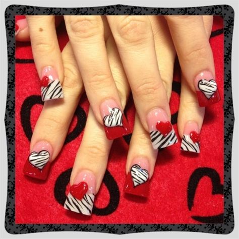 Zebra hearts Scene Nails, Nail Valentine, Em Nails, Valentines Nail Art Designs, Bike Artwork, Valentines Nail, Valentine Nail, Animal Print Nails Art, Nails Valentines