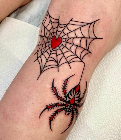 American Traditional Spider Web Tattoo American Traditional Spider Web, Traditional Spider Web Tattoo, American Traditional Spider, Hand Tattoo Images, Knee Tattoos, Spider Web Tattoo, Traditional Tattoo Designs, Traditional Style Tattoo, Web Tattoo