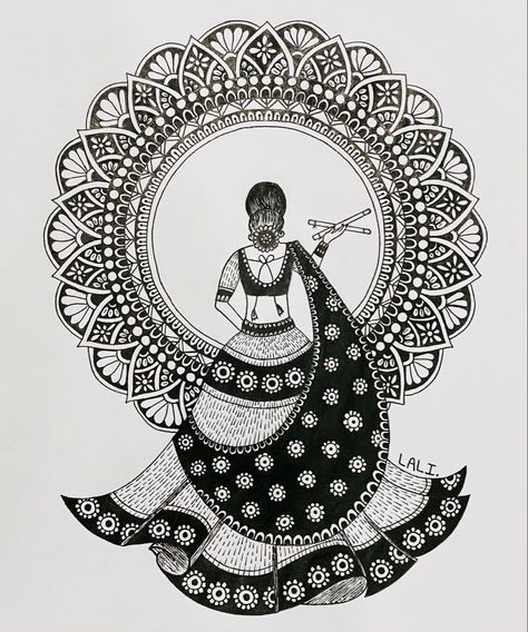 Madhubani Paintings Black And White, Mata Rani Mandala Art, Madhubani Paintings Ideas Design Black And White, Navratri Drawing Ideas Mandala, Mandala Art For Navratri, Navratri Special Mandala Art, Unique Mandala Art Design Easy, Madhubani Art Black And White, Traditional Mandala Art