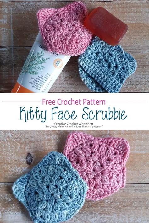 KITTY CROCHET FACE SCRUBBIE | Creative Crochet Workshop Free Crochet Placemat Patterns, Scrubby Crochet Pattern, Crochet Items To Sell, Scrubby Yarn Crochet, Crochet To Sell, Crochet Washcloth Free, Scrubbies Crochet Pattern, Cotton Crochet Patterns, Scrubbies Crochet