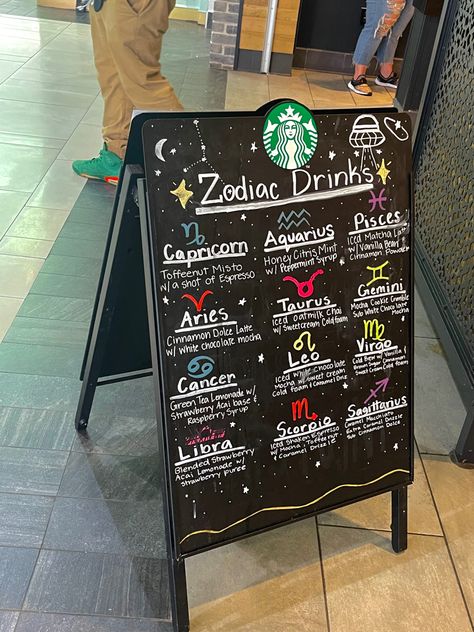 Starbucks Zodiac Sign, Starbucks Drinks Birth Month, Starbucks Drinks For Zodiac Signs, Starbucks Recipes Zodiac, Starbucks Barista Board Ideas, Starbucks Drinks Zodiac Signs, Zodiac Signs Starbucks Drinks, Zodiac Sign Starbucks Drinks, Starbucks Zodiac Drinks