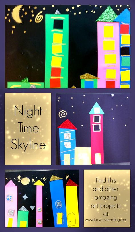 Night Time Skyline art project. Perfect for an architecture or space study. Building Art Preschool, Buildings Study Creative Curriculum, Light Study Creative Curriculum, Creative Curriculum Light Study, Building Study Creative Curriculum, Building Study Preschool, Creative Curriculum Building Study, Preschool Building, Construction Theme Preschool