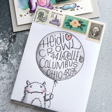 Mail Art – Birthday Balloon & Monster Envelope – kwernerdesign blog Birthday Envelope, Letters Ideas, Snail Mail Inspiration, Snail Mail Art, Snail Mail Pen Pals, Mail Art Envelopes, Envelope Lettering, Fun Mail, Decorated Envelopes