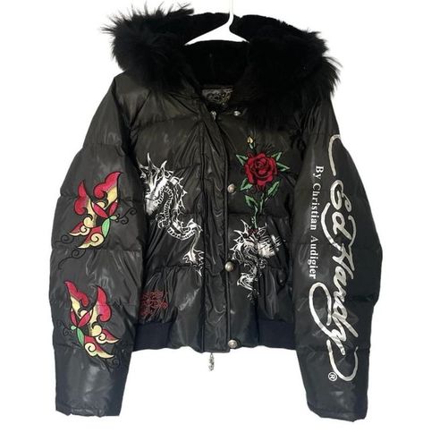 #y2k @childhoodceiling depop Y2k Puffer Jacket, Ed Hardy, Fashion Killa, Puffer Jacket, Puffer, Bomber Jacket, Winter Jackets, Fashion Design, Clothes Design