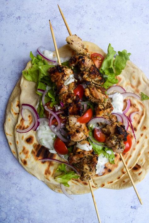 From Scratch Homemade Chicken Gyros | Rachel Phipps Easy Chicken Gyros, Satisfying Pics, Homemade Flatbread, Chicken Gyros, Tzatziki Sauce, Beef Dinner, Kebabs, Oddly Satisfying, Greek Recipes