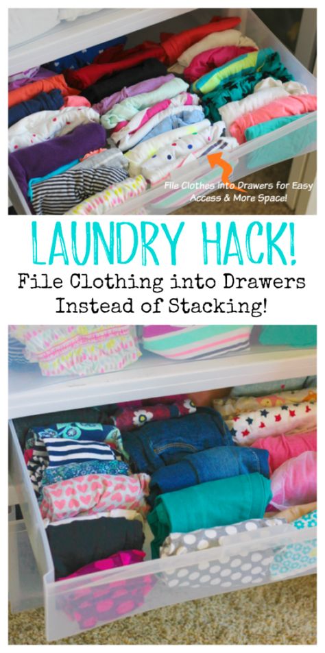 Laundry hack for organized dresser drawers! File your kid's laundry into their drawers instead of stacking it. No mess on the floor when they grab clothes! Kids Dresser Organization, Organized Dresser, Dresser Organization Ideas, Bedroom Dresser Organization, Diy Dresser Drawers, Diy Dressers, Shoe Organization Diy, Kids Clothes Organization, Kid Laundry