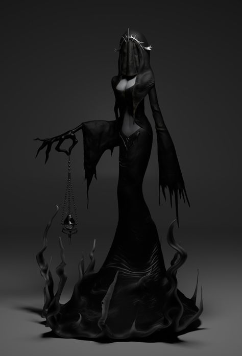 Female Shadow Demon, Dark Priestess Character Design, Character With Scythe, Eldritch Goddess, King Sombra Human, Evil Witch Art, Dark Fantasy Queen, Necromancer Outfit, Witch Oc Female