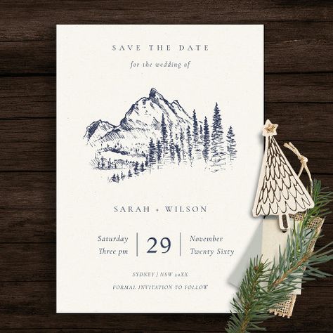 Navy Pine Mountain Sketch Save The Date Card #zazzle #weddinginvitations #birthdayinvitations #babyshowerinvitations #zazzleinvitations #monogram #businesscards #graduation #homedecor Jungle Watercolor, Mountain Sketch, Rustic Wedding Save The Dates, Wedding Announcement Cards, Wood Bark, Pine Mountain, Rustic Save The Dates, Wedding Products, Date Photo