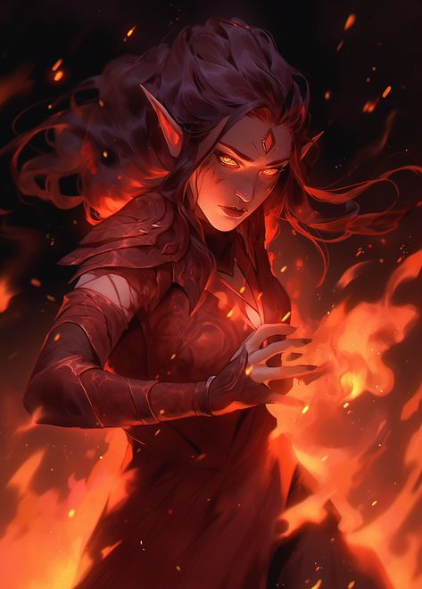 elf, female, woman, girl, fire, rpg, warcraft, mage, warlock, magic Fire Druid Dnd, Aberrant Mind Sorcerer Female, Fire Elf Female, Fire Genasi Warlock, Fire Genasi Woman, Draconic Bloodline Sorcerer Female, Elf Fire Mage, Fire Mage Art, Fire Elemental Female