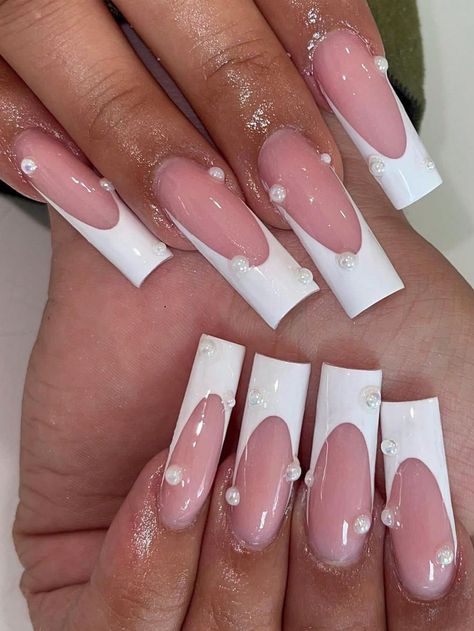 Full Cover Nail Tips, Nagel Tips, Manicure Tips, Coffin Press On Nails, Fake Nails With Glue, White French, Diamond Nails, Pearl Design, False Nail